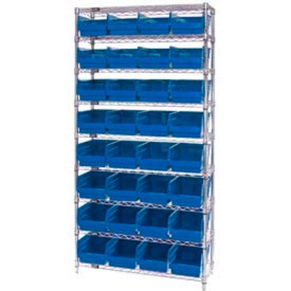 WR9-208 Chrome Wire Shelving with 32 6 in. Plastic Shelf Bins, Blue - 36 x 18 x 74 in.
