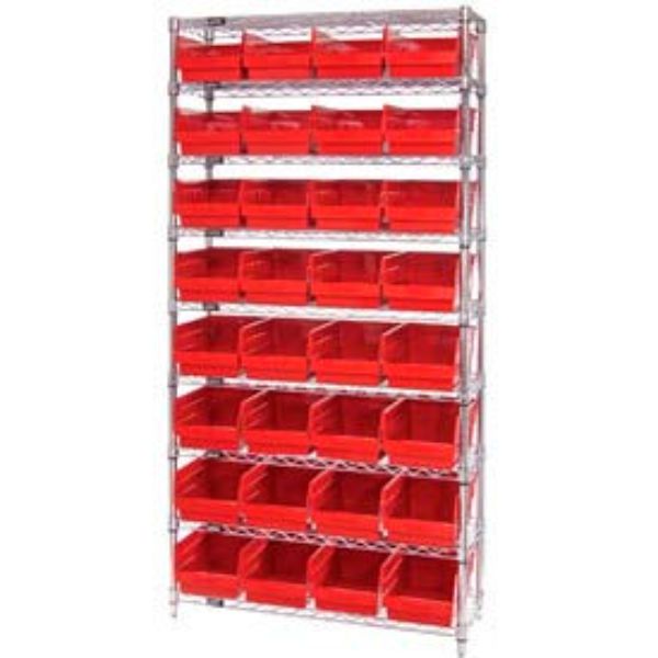 WR9-208 Chrome Wire Shelving with 32 6 in. Plastic Shelf Bins, Red - 36 x 18 x 74 in.