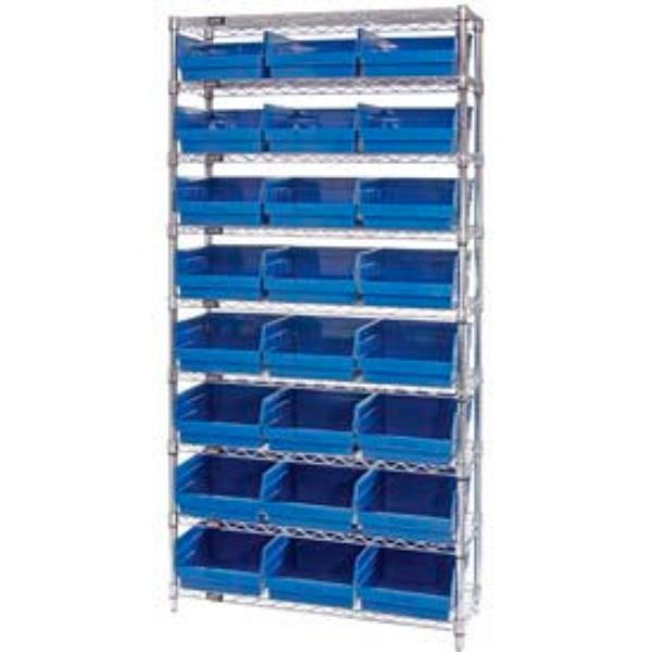 268951BL WR9-210 Chrome Wire Shelving with 24 6 in. Plastic Shelf Bins, Blue - 36 x 18 x 74 in.