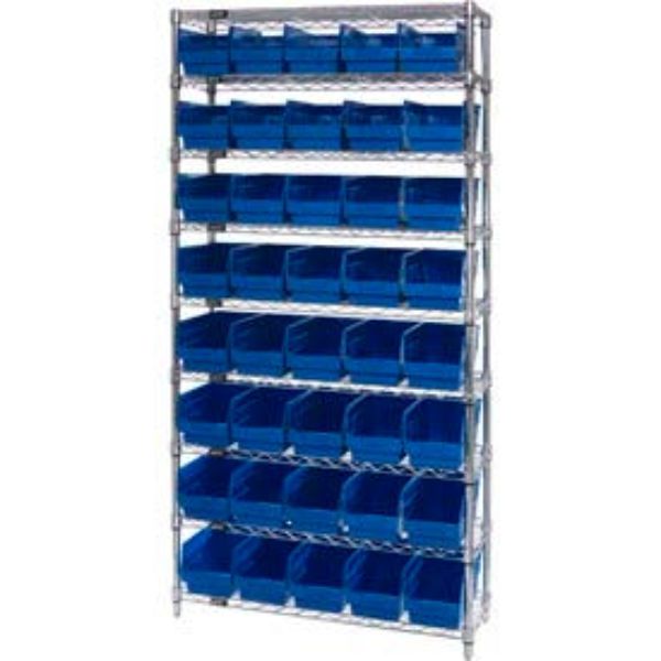 WR9-206 Chrome Wire Shelving with 40 6 in. Plastic Shelf Bins, Blue - 36 x 24 x 74 in.