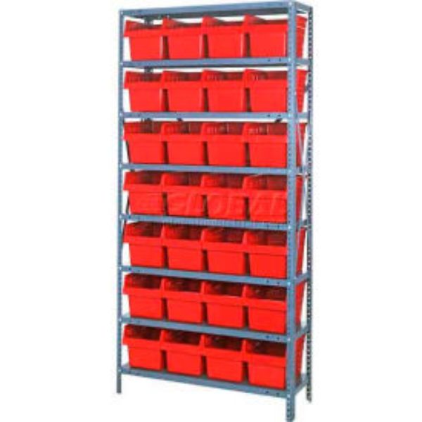 Steel Shelving with 8 Plastic Bins - Red - 36x12x75 in. - Durable Design