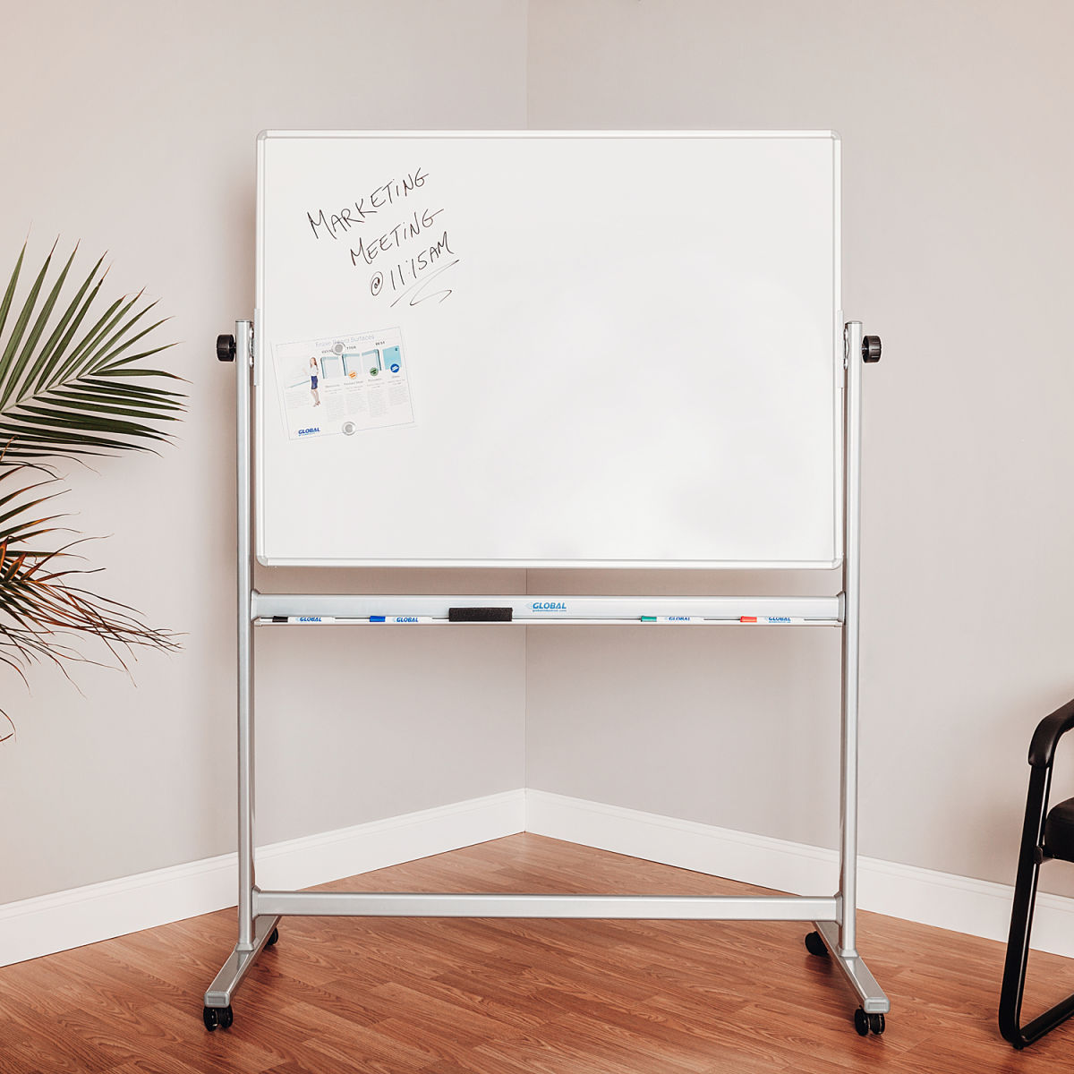 Global Industrial B444997P Porcelain Mobile Reversible Whiteboard with Silver Frame - 48 x 36 in.