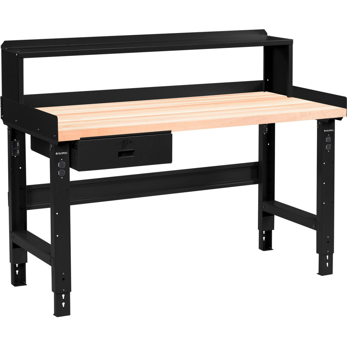 Adjustable Height Workbench with Drawer & Riser, Maple Square Edge Top - Black - 48 x 30 in.