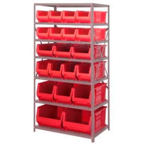 Steel Shelving with 20 Red Hopper Bins - 24 x 36 x 75 in. - Heavy Duty