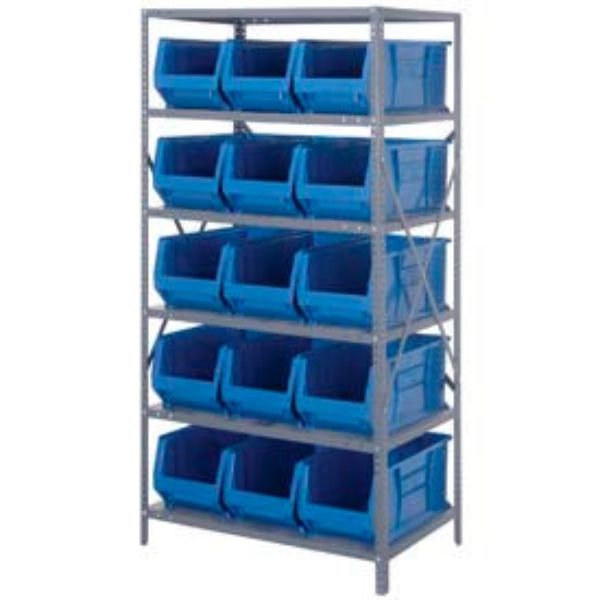 268920BL 2475-953 Steel Shelving with 15 24 in. Hulk Hopper Bins, Blue - 24 x 36 x 75 in.