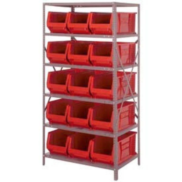 268920RD 2475-953 Steel Shelving with 15 24 in. Hulk Hopper Bins, Red - 24 x 36 x 75 in.