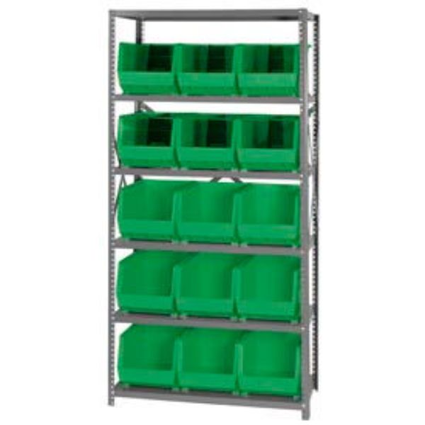 268941GN QSBU-260 Steel Shelving with 15 Giant Stacking Bins, Green - 18 x 36 x 75 in.
