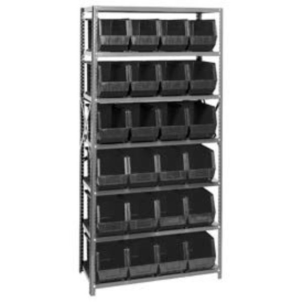 268942BK QSBU-265 Steel Shelving with 24 Giant Stacking Bins, Black - 18 x 36 x 75 in.