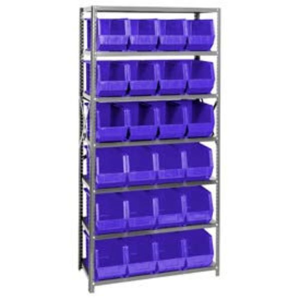 268942BL QSBU-265 Steel Shelving with 24 Giant Stacking Bins, Blue - 18 x 36 x 75 in.