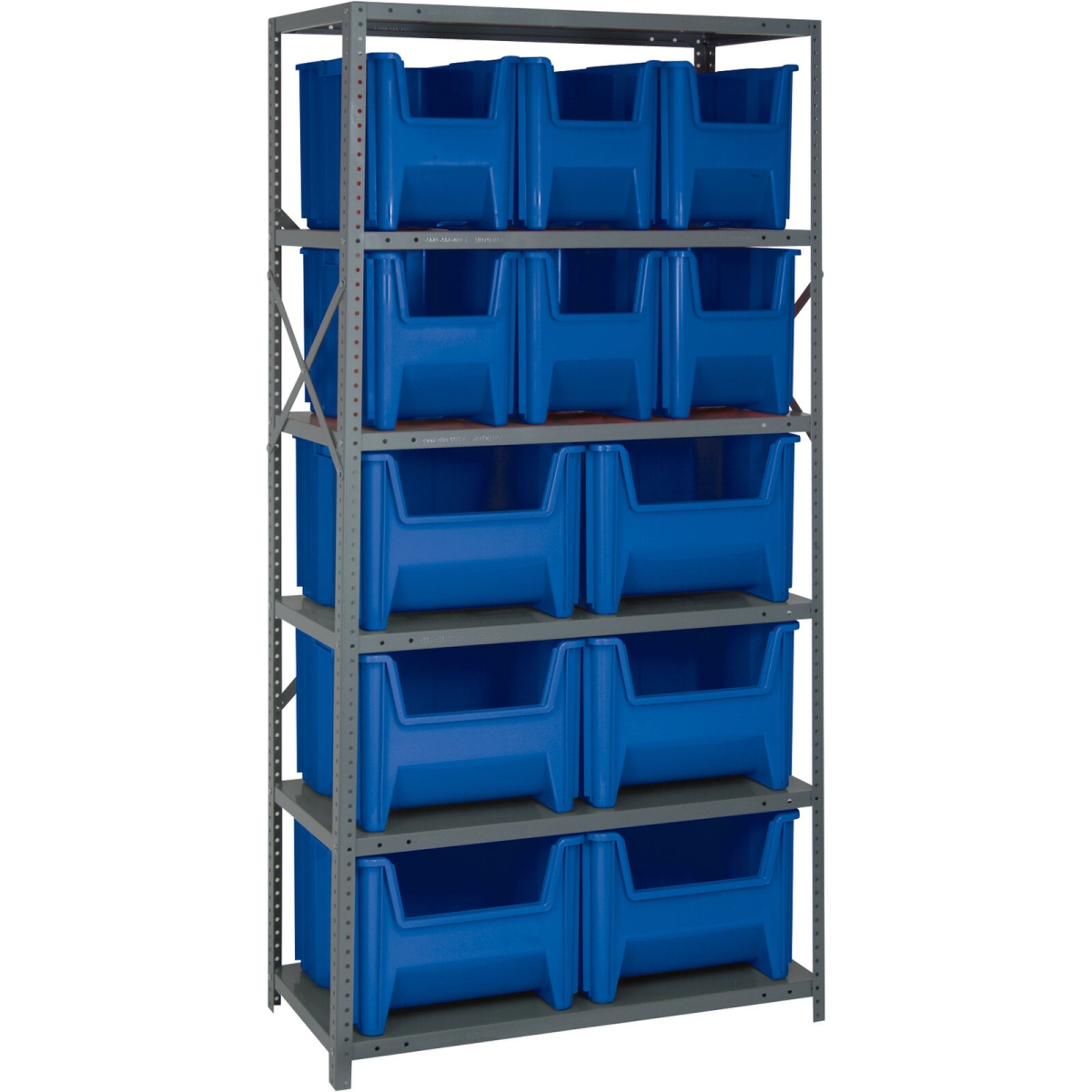 652737BL Shelving Unit with 12 Giant Hopper Bins, Blue - 36 x 18 x 75 in.