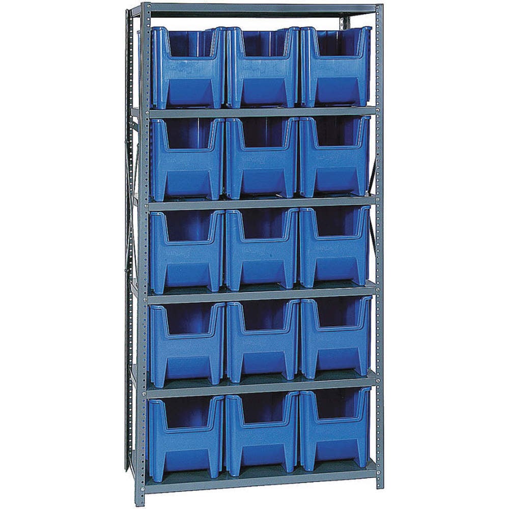 QSBU-600 Shelving with 15 Giant Hopper Bins, Blue - 36 x 18 x 75 in.