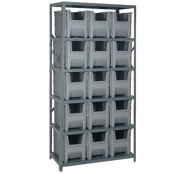 QSBU-600 Shelving with 15 Giant Hopper Bins, Gray - 36 x 18 x 75 in.