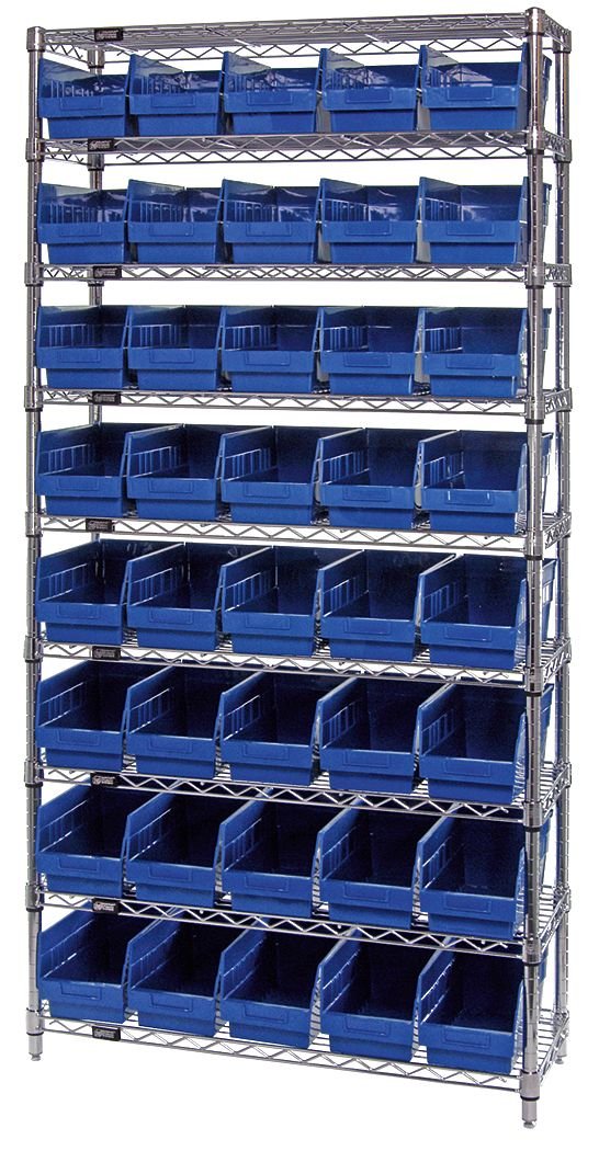 268945BL WR9-202 Chrome Wire Shelving with 40 6 in. Plastic Shelf Bins, Blue - 36 x 12 x 74 in.