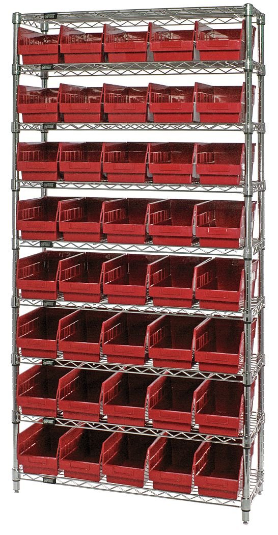 268945RD WR9-202 Chrome Wire Shelving with 40 6 in. Plastic Shelf Bins, Red - 36 x 12 x 74 in.