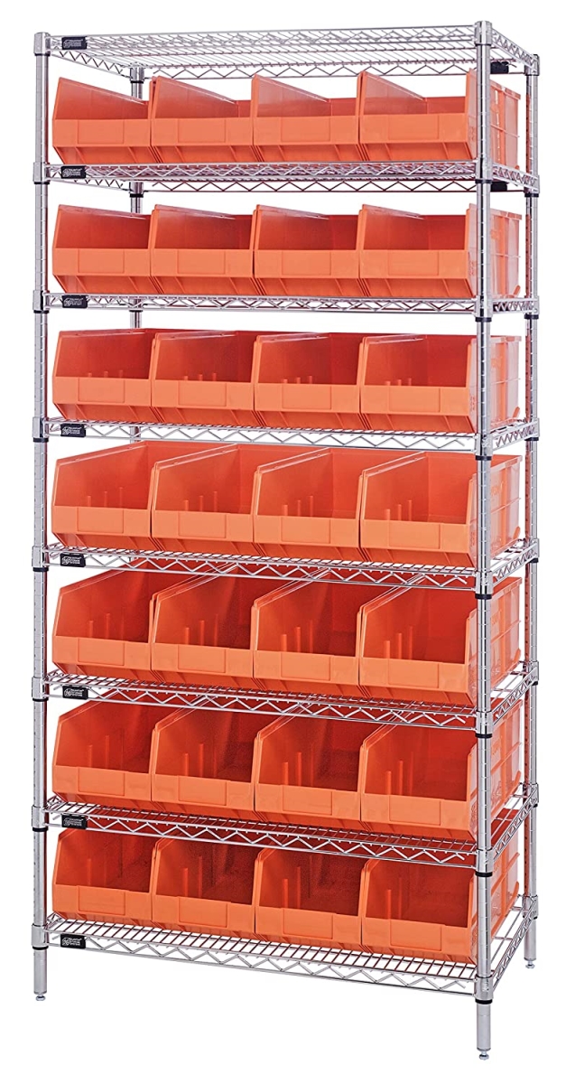 B815635 WR8-423 Chrome Wire Shelving with 28 SSB423 Stackable Shelf Bins, Orange - 36 x 12 x 74 in.