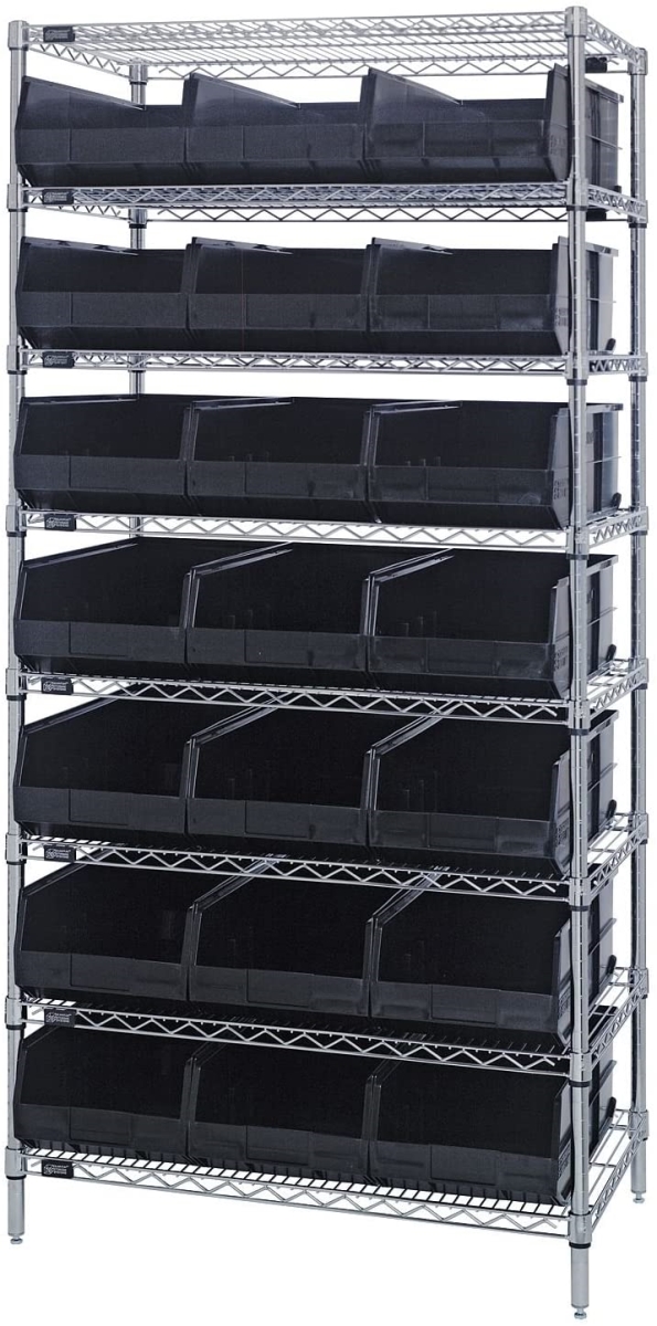 WR8-425 Chrome Wire Shelving with Stackable Bins - Black - 36 x 12 x 74 in. - Heavy-Duty Storage Solution