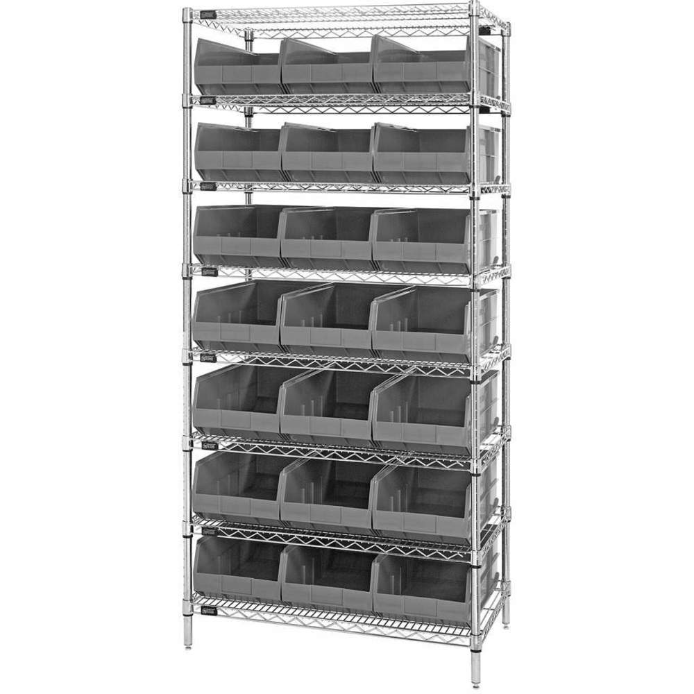B815630 WR8-425 Chrome Wire Shelving with 21 SSB425 Stackable Shelf Bins, Gray - 36 x 12 x 74 in.