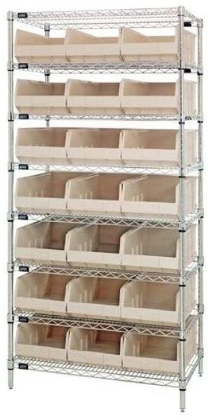 B815629 WR8-425 Chrome Wire Shelving with 21 SSB425 Stackable Shelf Bins, Ivory - 36 x 12 x 74 in.
