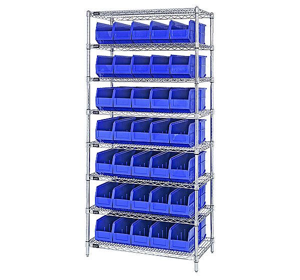 B815647 WR8-441 Chrome Wire Shelving with 35 SSB441 Stackable Shelf Bins, Blue - 36 x 14 x 74 in.