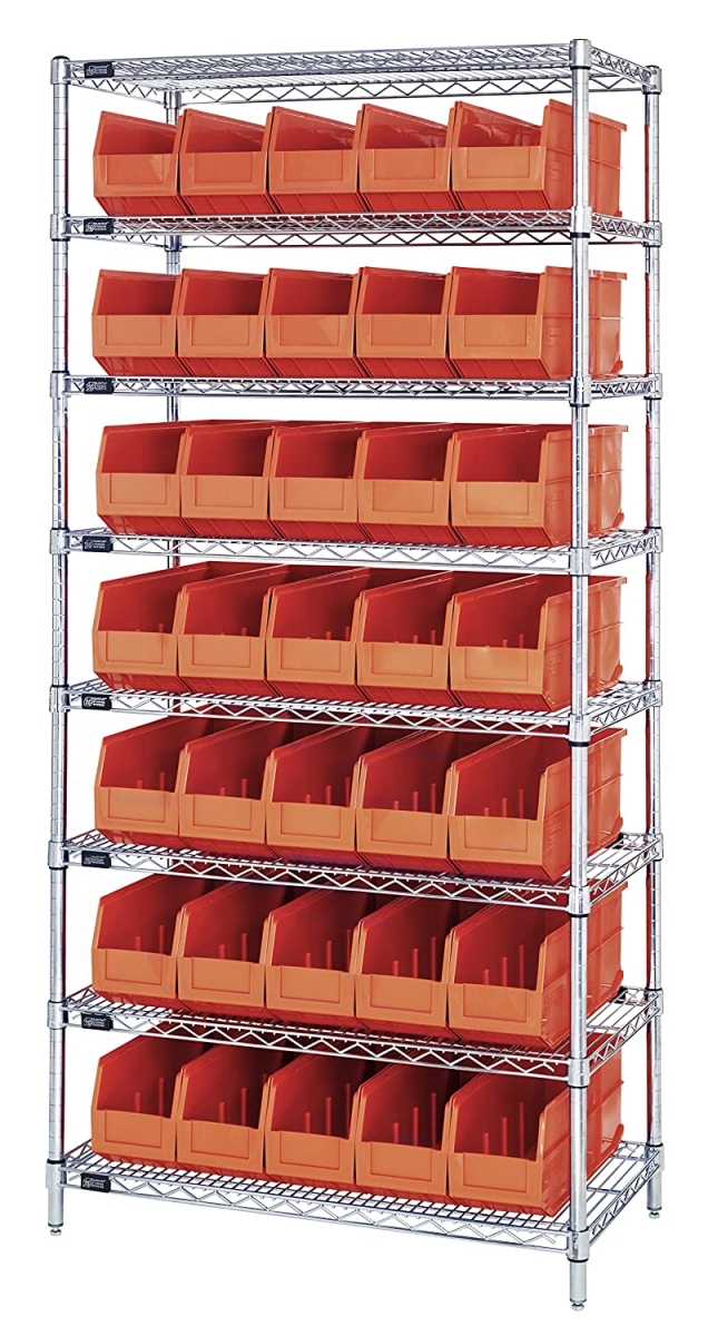 B815650 WR8-441 Chrome Wire Shelving with 35 SSB441 Stackable Shelf Bins, Orange - 36 x 14 x 74 in.