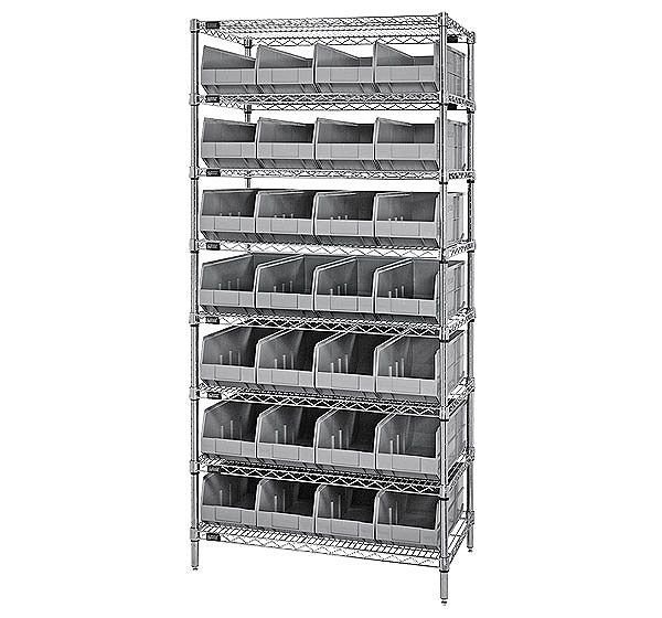 B815645 WR8-443 Chrome Wire Shelving with 28 SSB443 Stackable Shelf Bins, Gray - 36 x 14 x 74 in.