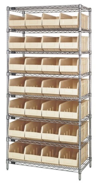 B815644 WR8-443 Chrome Wire Shelving with 28 SSB443 Stackable Shelf Bins, Ivory - 36 x 14 x 74 in.
