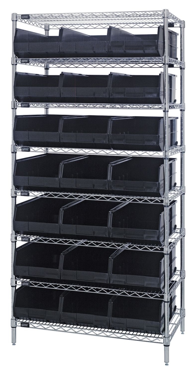 B815637 WR8-445 Chrome Wire Shelving with 21 SSB445 Stackable Shelf Bins, Black - 36 x 14 x 74 in.