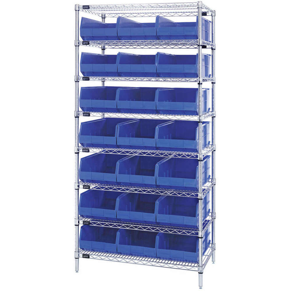 B815636 WR8-445 Chrome Wire Shelving with 21 SSB445 Stackable Shelf Bins, Blue - 36 x 14 x 74 in.