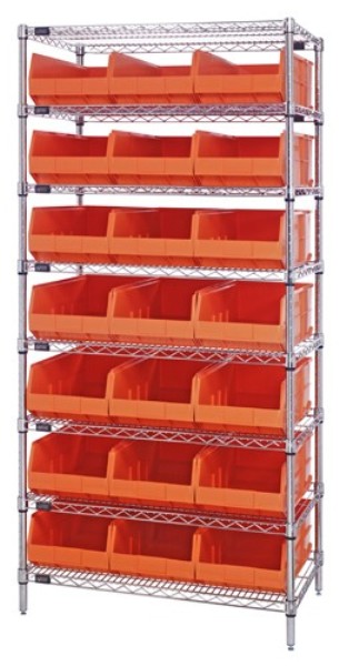 B815641 WR8-445 Chrome Wire Shelving with 21 SSB445 Stackable Shelf Bins, Orange - 36 x 14 x 74 in.