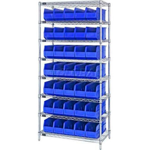 B815563 WR8-461 Chrome Wire Shelving with 35 SSB461 Stackable Shelf Bins, Blue - 36 x 18 x 74 in.