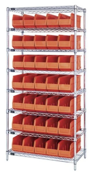 B815571 WR8-461 Chrome Wire Shelving with 35 SSB461 Stackable Shelf Bins, Orange - 36 x 18 x 74 in.