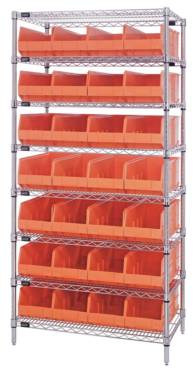 B815665 WR8-463 Chrome Wire Shelving with 28 SSB463 Stackable Shelf Bins, Orange - 36 x 18 x 74 in.