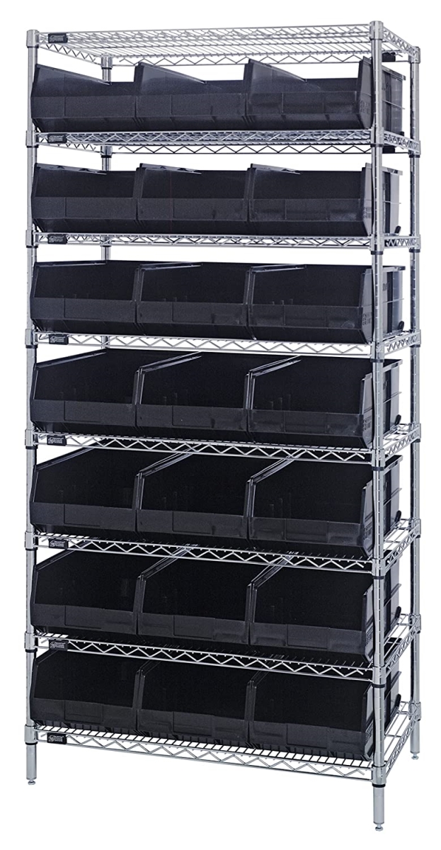 B815652 WR8-465 Chrome Wire Shelving with 21 SSB465 Stackable Shelf Bins, Black - 36 x 18 x 74 in.