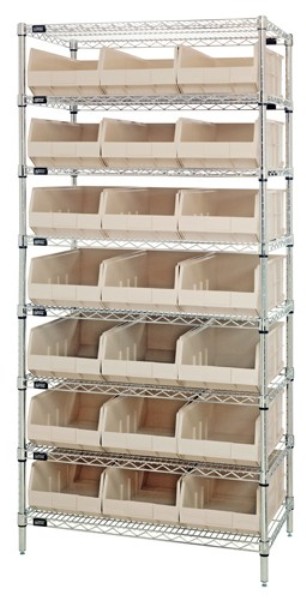 B815653 WR8-465 Chrome Wire Shelving with 21 SSB465 Stackable Shelf Bins, Ivory - 36 x 18 x 74 in.
