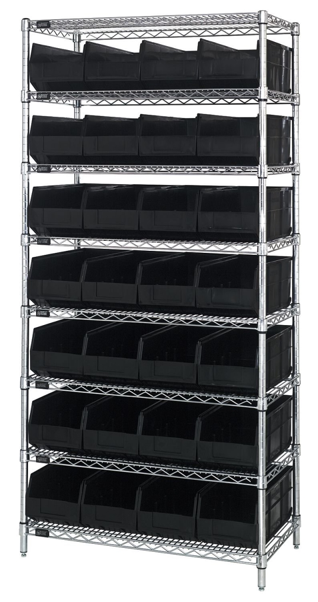 B815573 WR8-483 Chrome Wire Shelving with 28 SSB483 Stackable Shelf Bins, Black - 36 x 21 x 74 in.
