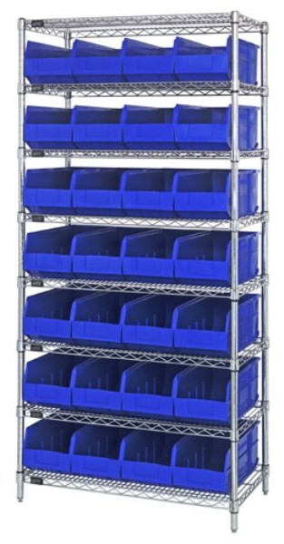 B815572 WR8-483 Chrome Wire Shelving with 28 SSB483 Stackable Shelf Bins, Blue - 36 x 21 x 74 in.