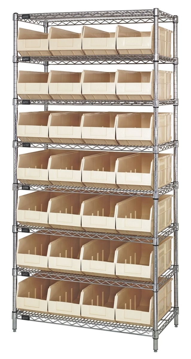 B815574 WR8-483 Chrome Wire Shelving with 28 SSB483 Stackable Shelf Bins, Ivory - 36 x 21 x 74 in.