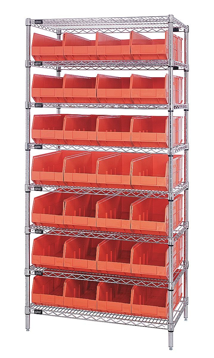 B815576 WR8-483 Chrome Wire Shelving with 28 SSB483 Stackable Shelf Bins, Orange - 36 x 21 x 74 in.