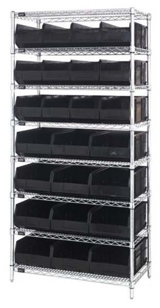 WR8-483485 Chrome Wire Shelving with 12 SSB483, 12 SSB485 Stackable Shelf Bins, Black - 36 x 21 x 74 in.