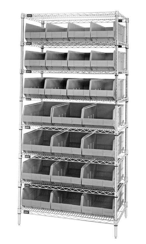 WR8-483485 Chrome Wire Shelving with 12 SSB483, 12 SSB485 Stackable Shelf Bins, Gray - 36 x 21 x 74 in.