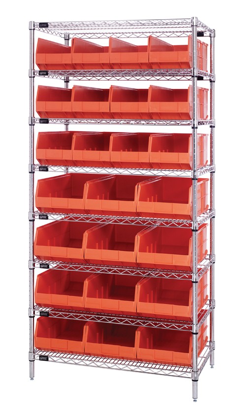 B815661 WR8-483485 Chrome Wire Shelving with 12 SSB483, 12 SSB485 Stackable Shelf Bins, Orange - 36 x 21 x 74 in.