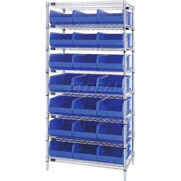 B815666 WR8-485 Chrome Wire Shelving with 21 SSB485 Stackable Shelf Bins, Blue - 36 x 21 x 74 in.