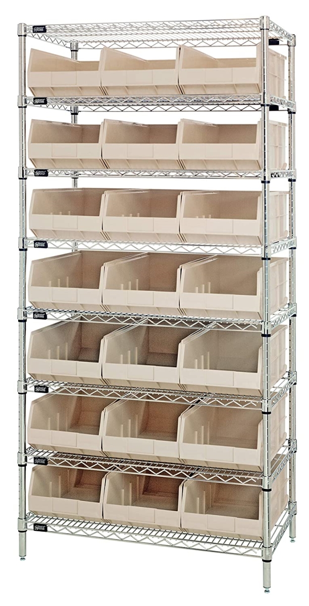 WR8-485 Chrome Wire Shelving with 21 SSB485 Stackable Shelf Bins, Ivory - 36 x 21 x 74 in.