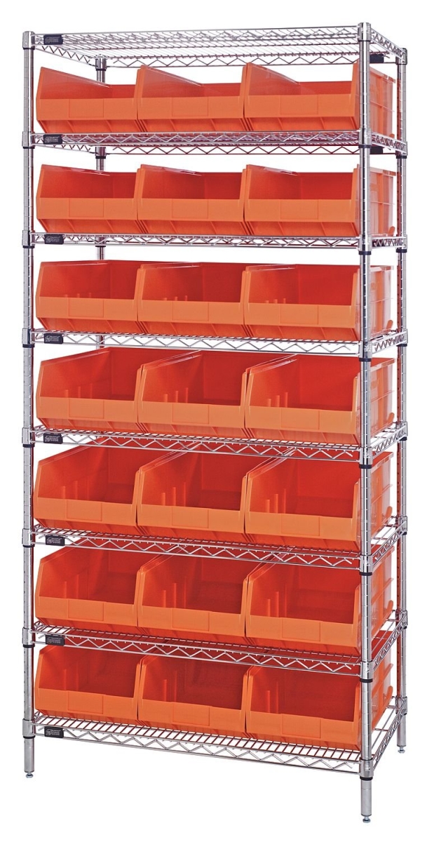 Picture of Quantum Storage Systems B815670 WR8-485 Chrome Wire Shelving with 21 SSB485 Stackable Shelf Bins&#44; Orange - 36 x 21 x 74 in.