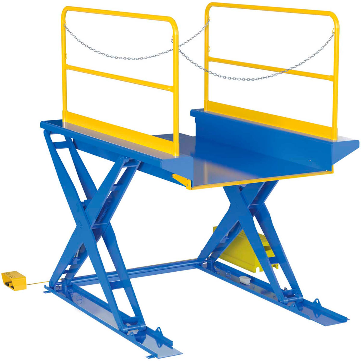 Picture of Vestil Manufacturing B2386684 52 x 84 in. 3000 lbs Capacity Ground Lift Powered Scissor Table with Handrails