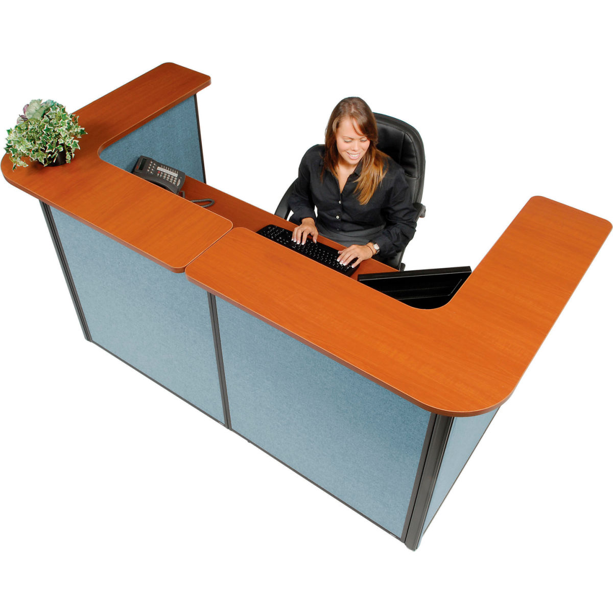 Picture of Global Industrial 3666018 Interion U-Shaped Reception Station with Cherry Counter&#44; Blue Panel - 88 x 44 x 44 in.