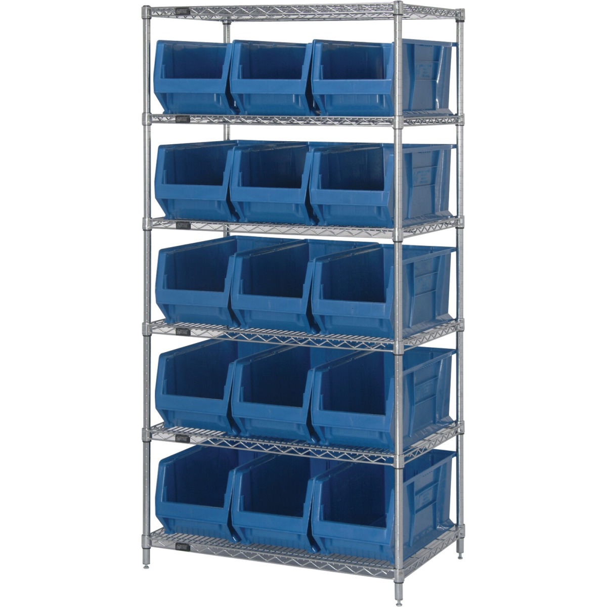 239521BL WR6-953 Chrome Wire Shelving with 15 24 in. Bins, Blue - 36 x 24 x 74 in.