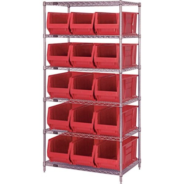 WR6-953 Chrome Wire Shelving with 15 Red Bins - 36 x 24 x 74 in. - Heavy-Duty Capacity