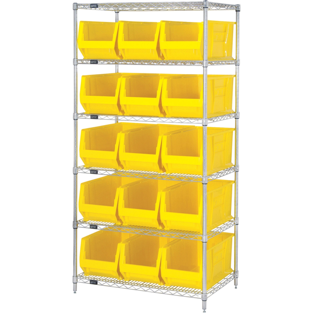 Chrome Wire Shelving with 15 Yellow Bins - 36 x 24 x 74 in. - Heavy-Duty