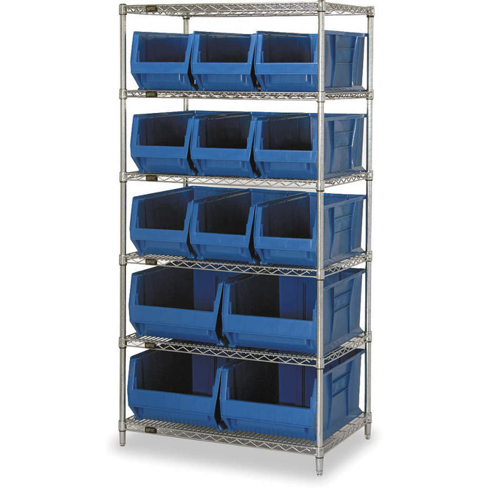 Chrome Wire Shelving with Blue Hopper Bins - 30 x 36 x 74 in. - Heavy-Duty Capacity